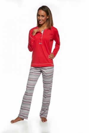  Piżama damska bawełniana, długi rękaw i długie spodnie, góra czerwona, spodnie szare wzorzyste rozmiar XL 