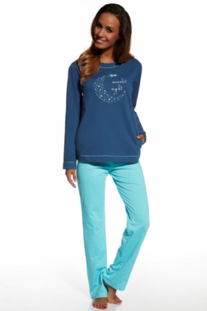  Piżama damska bawełniana, długi rękaw i długie spodnie, góra ciemno niebieska ze wzorkiem, spodnie turkusowe rozmiar XL 