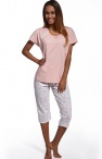  Piżama damska z bawełny, krótki rękaw, spodnie 3/4, góra różowa, spodnie wzorzyste 