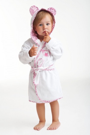  Moda dla dzieci: ciepły szlafrok z kapturem dla dziecka, wiązany w pasie z uszkami na kapturze, biały 