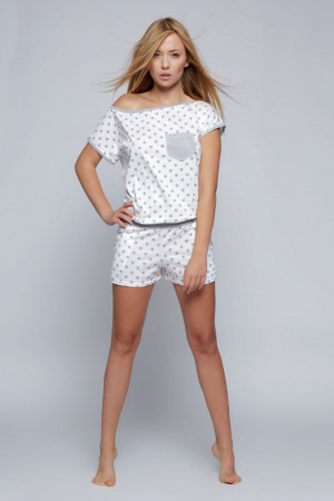  Damska bielizna nocna: piżama kombinezon, bawełniana z krótkim rękawem biała w szare gwiazdki, z krótkimi spodniami , piżama Little Star rozmiar L/XL 