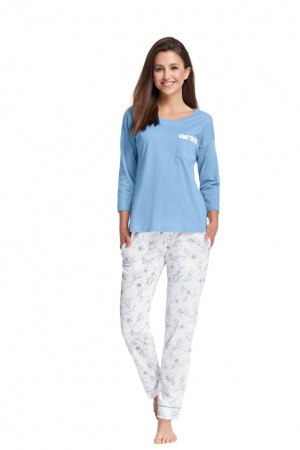  Piżama damska z bawełny: niebieska koszulka + długie spodnie S, M, L, XL, 2XL, 3XL, 4XL 