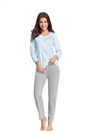  Piżama damska z bawełny: niebieska koszulka + długie spodnie S, M, L, XL, 2XL, 3XL, 4XL 