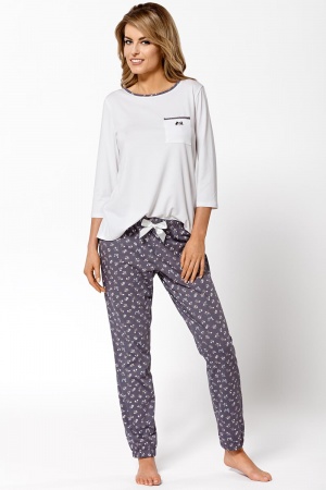 Piżama damska bluzka ecru rękaw 3/4 i spodnie długie szare XL / 42 