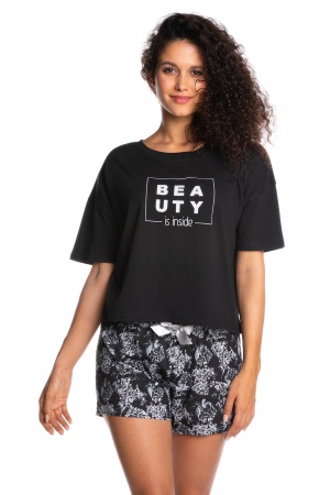  Sklep z piżamami: Piżama damska : bluzka czarna i krótkie czarne spodenki w delikatny wzór S, M,L, XL 