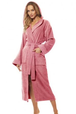  Szlafrok damski długi z bawełny z kapturem różowy pudrowy S, M, L, XL, 2XL - sklep internetowy 