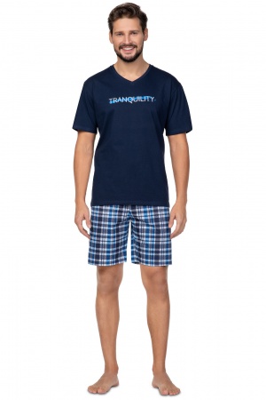  Piżama męska granatowa na krótki rękaw + spodenki w kratkę rozmiary M, L, XL, 2XL, 3XL - sklep internetowy piżamy i szlafroki 