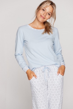  Sklep internetowy z bielizną nocną - Ekskluzywna piżama damska niebieska z bawełny z długimi spodniami rozmiary S, M, L, XL , 2XL 
